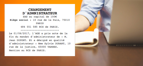 annonce legale changement administrateur